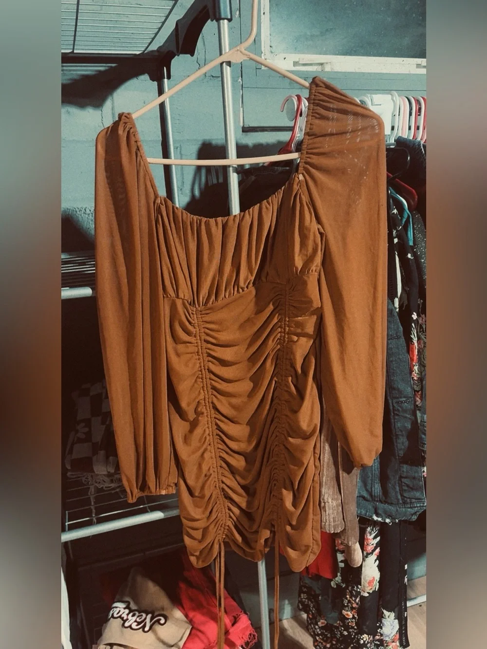 Ruched Off-Shoulder Mini Dress in Rust Brown